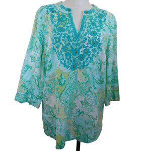 Charter Club Linen Tunic Teal Green Paisley Print Embroidered w Studs Womens XL